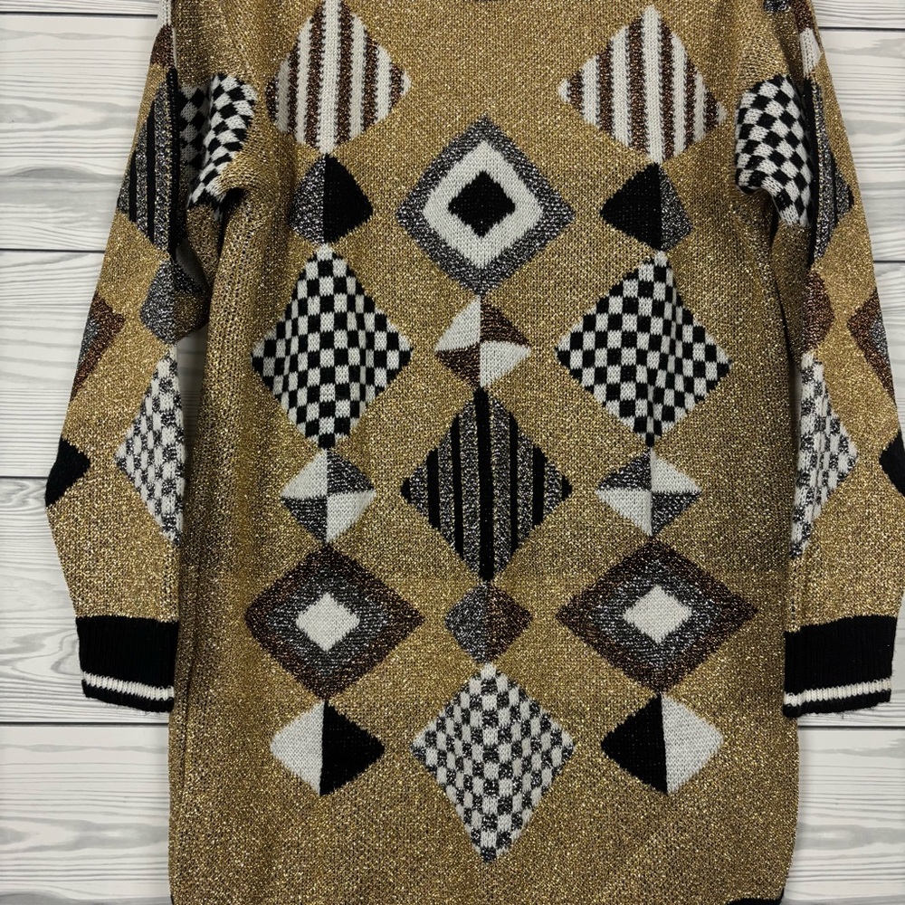 Vintage 90’s Beldoch Popper Geometric Print Gold Acrylic Sweater Size Medium - Picture 5 of 10